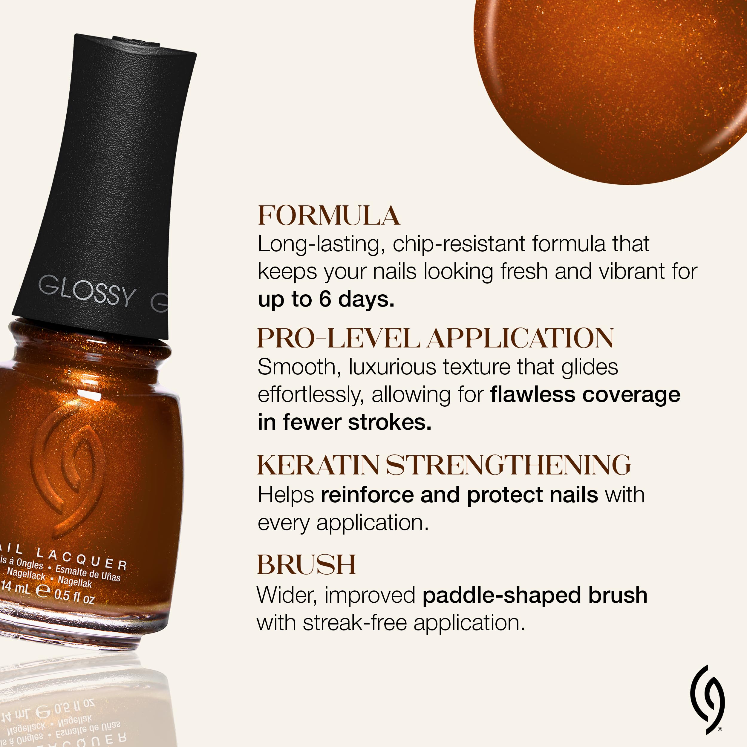 China Glaze Golden Acorn on nails in lifestyle scene for polished look