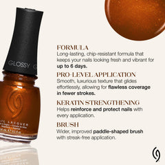 China Glaze Golden Acorn on nails in lifestyle scene for polished look