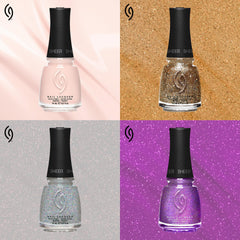 China Glaze manicure on a model in casual setting highlighting wearable shimmer
