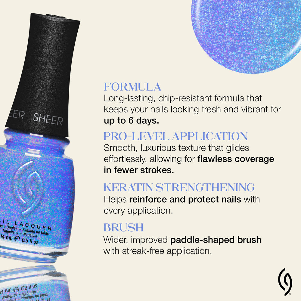 China Glaze swatch on fingertips demonstrating buildable sheen and color