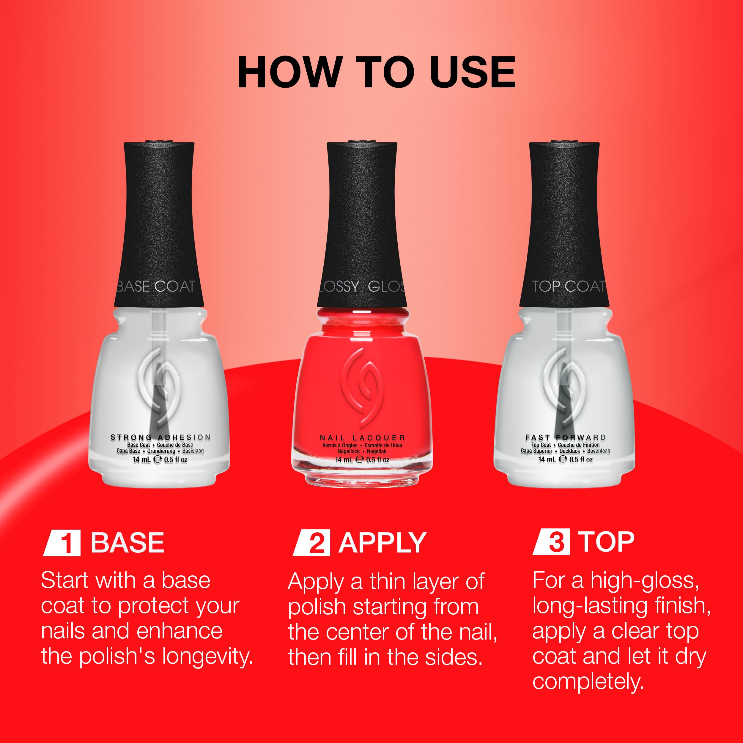 China Glaze bottle cap and label detail illustrating brush design and formula benefits