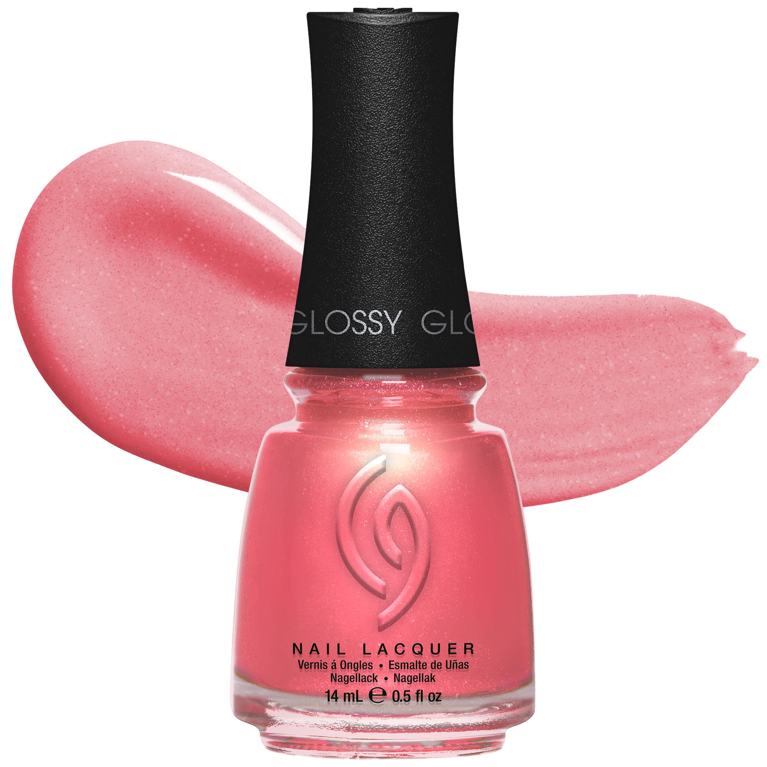 China Glaze bottle front view showing coral pink color and brand