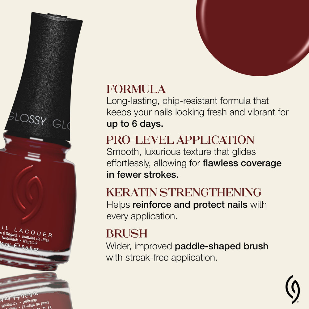 Model wearing Moonlit Merlot on nails showing glossy, chip-resistant manicure benefit