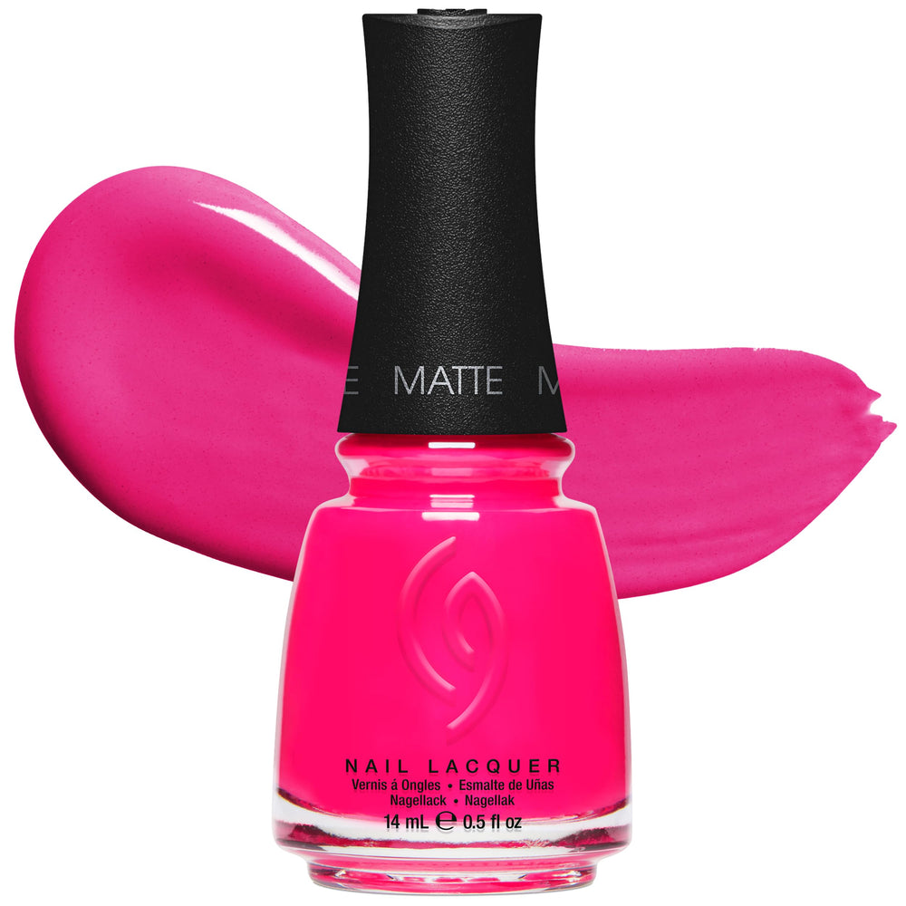China Glaze front bottle view showing neon pink and label, bright color payoff