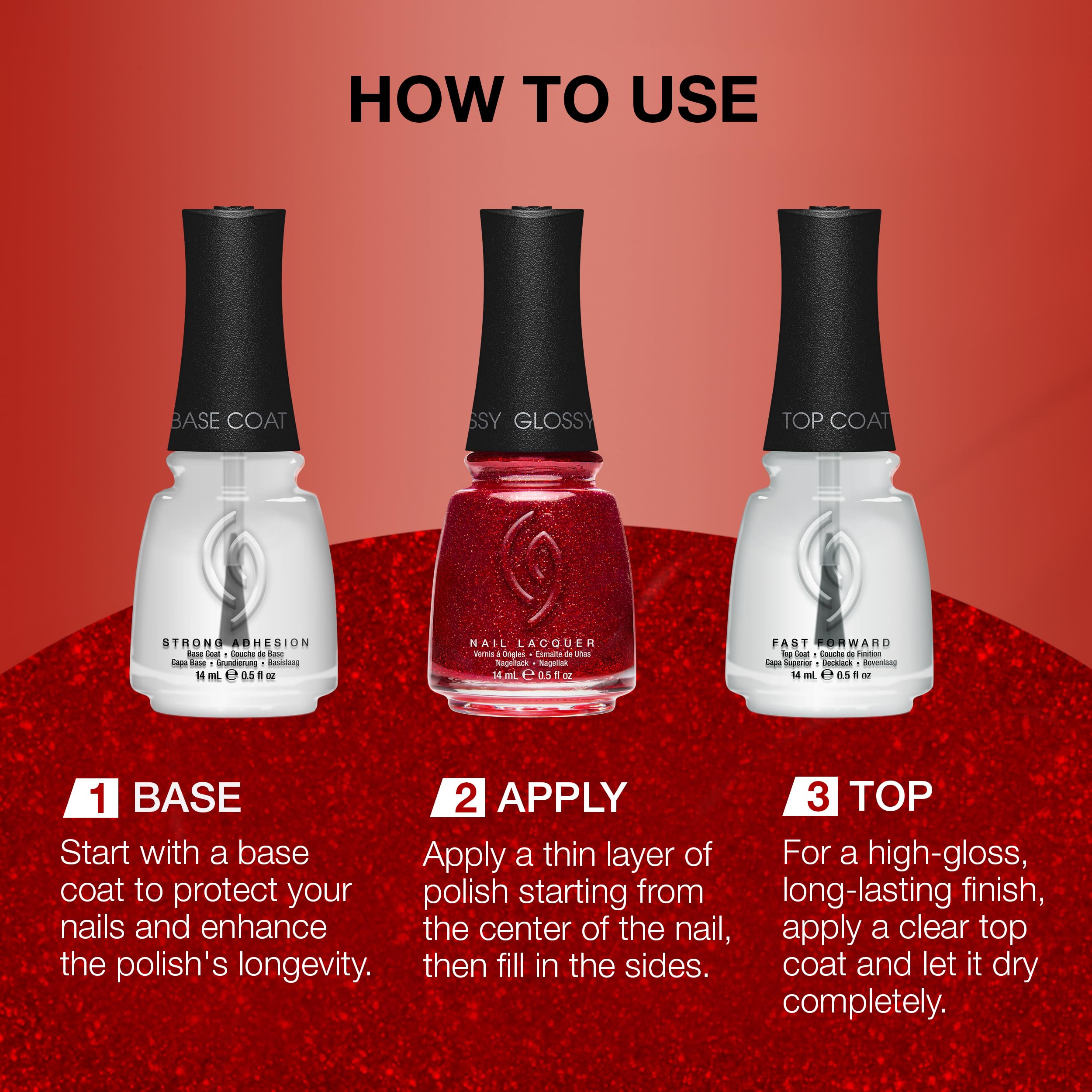 China Glaze bottle next to ruler showing 0.5 fl oz scale and travel-friendly size