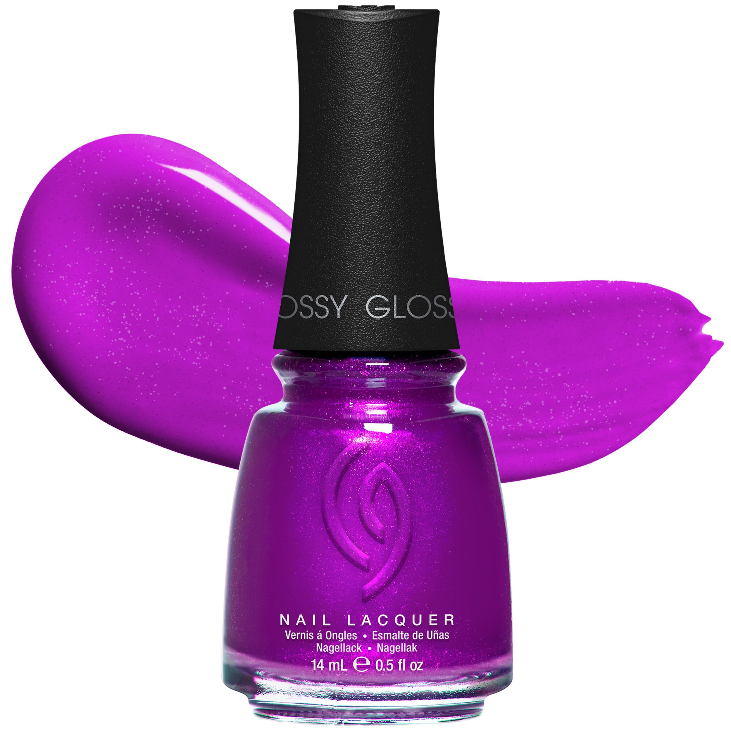 China Glaze front bottle showing vivid purple color and glossy finish benefits