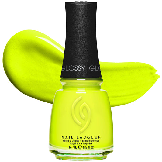 China Glaze bottle front view showing neon yellow-green color and label, clear product presentation