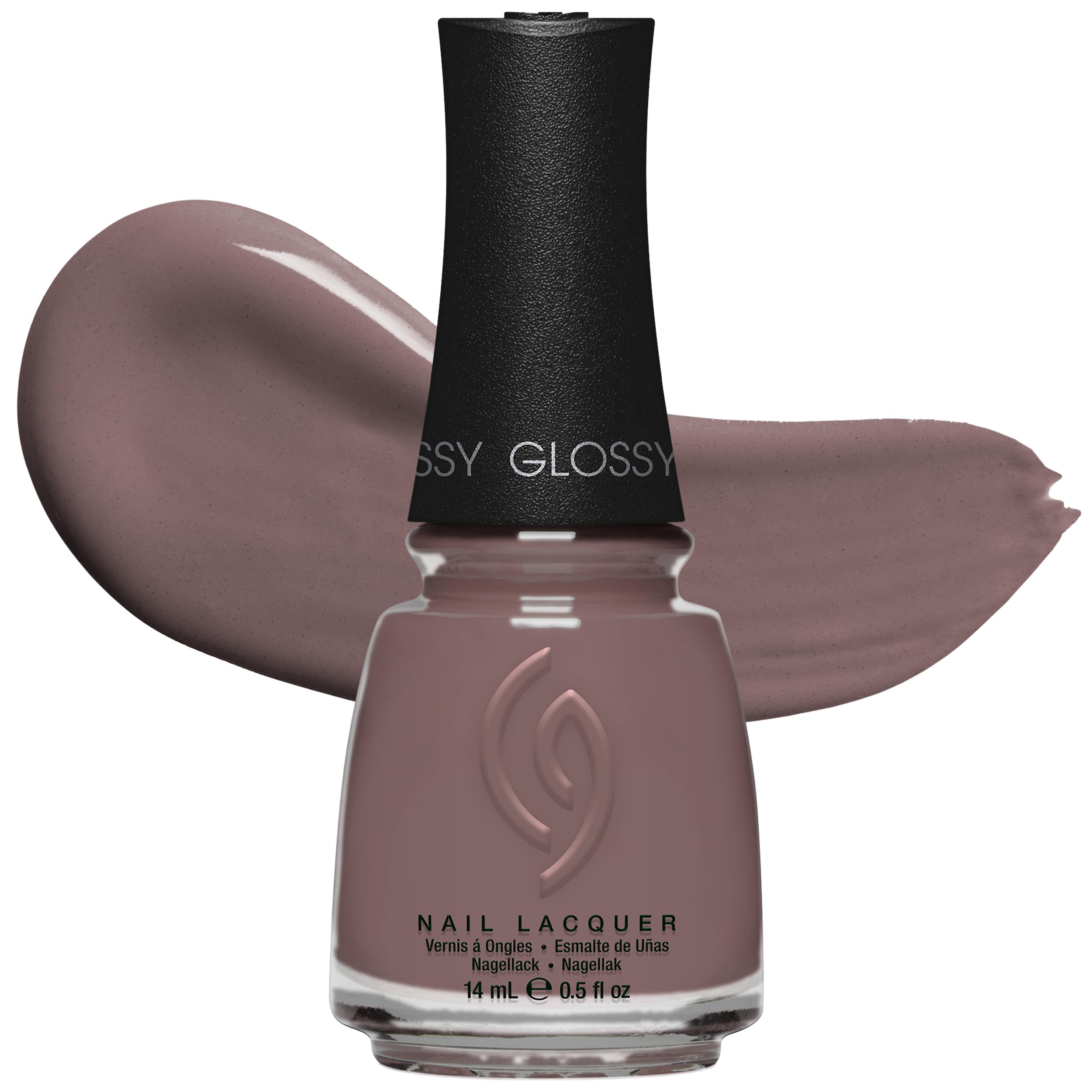 China Glaze bottle front view showing deep taupe shade and glossy finish