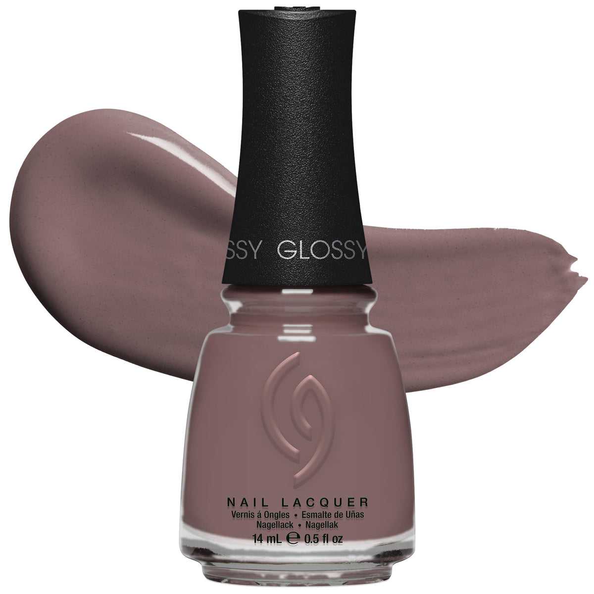 China Glaze bottle front view showing deep taupe shade and glossy finish