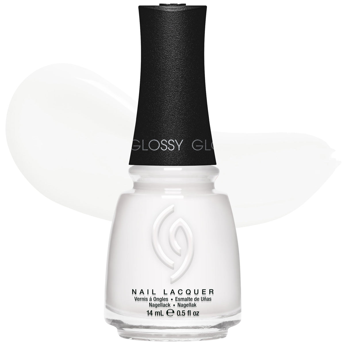 China Glaze bottle front view showing glossy white lacquer and label, highlighting brand quality