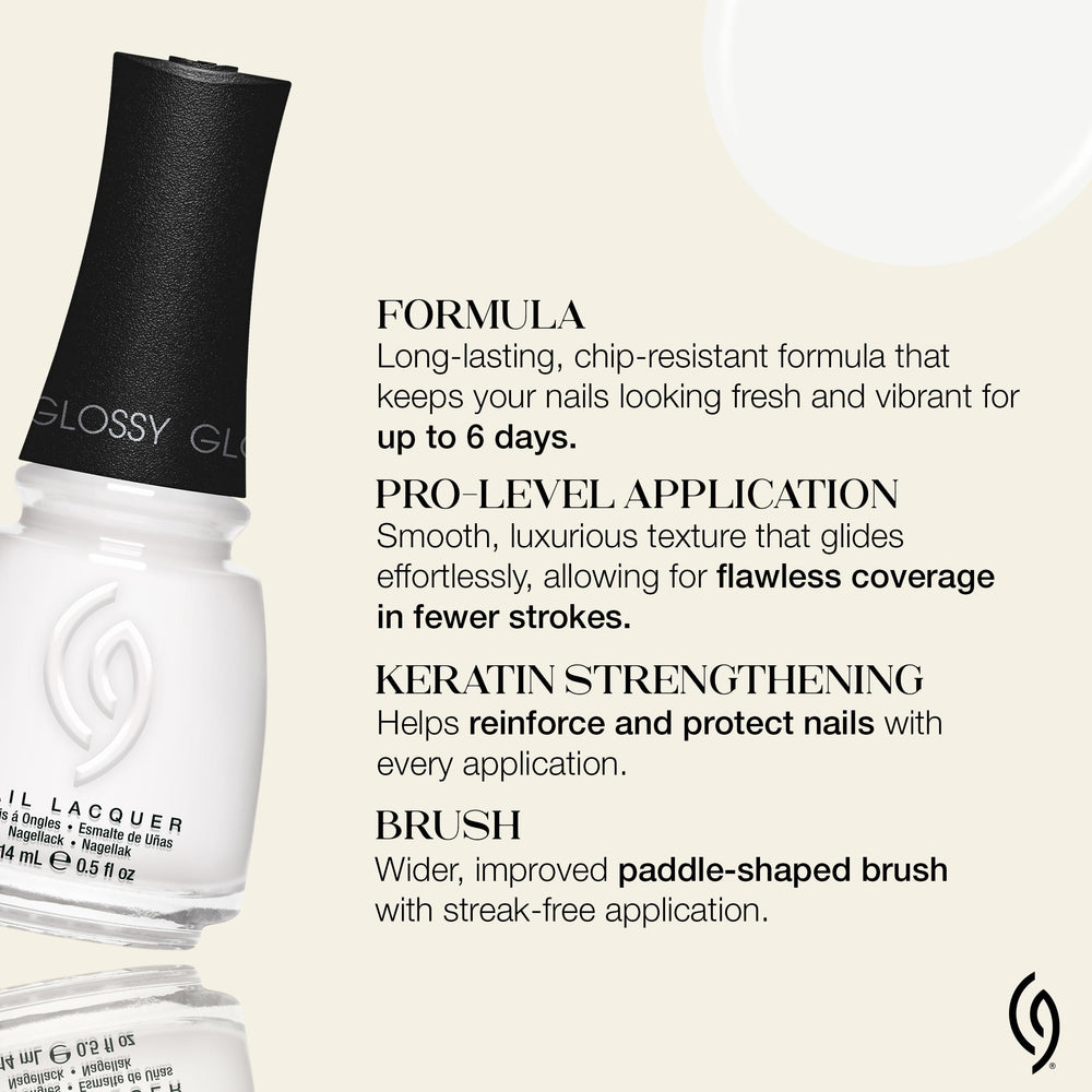 Close-up paint stroke of China Glaze white polish illustrating rich pigment and smooth texture