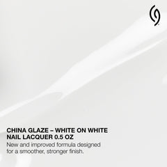 China Glaze White On White swatch on fingernails showing opaque coverage and clean finish