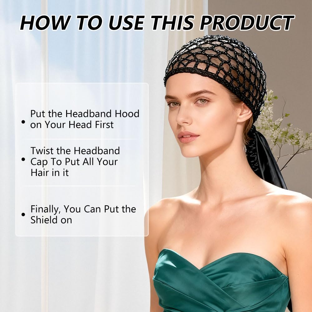 Chin.Chic wrap cap next to hand showing roomy interior for long curly hair