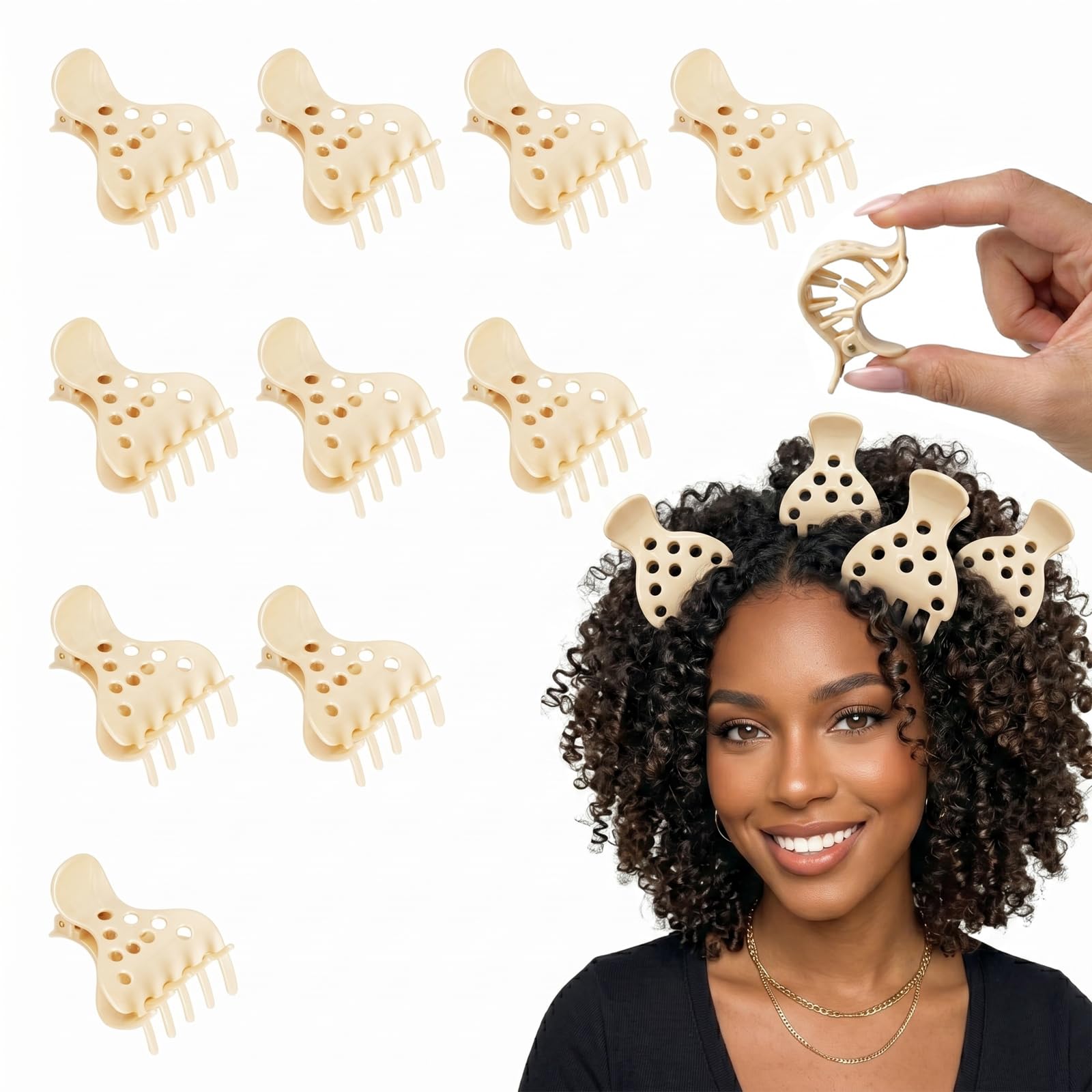 Chiplesier front view of ten beige root lifting clips for easy styling