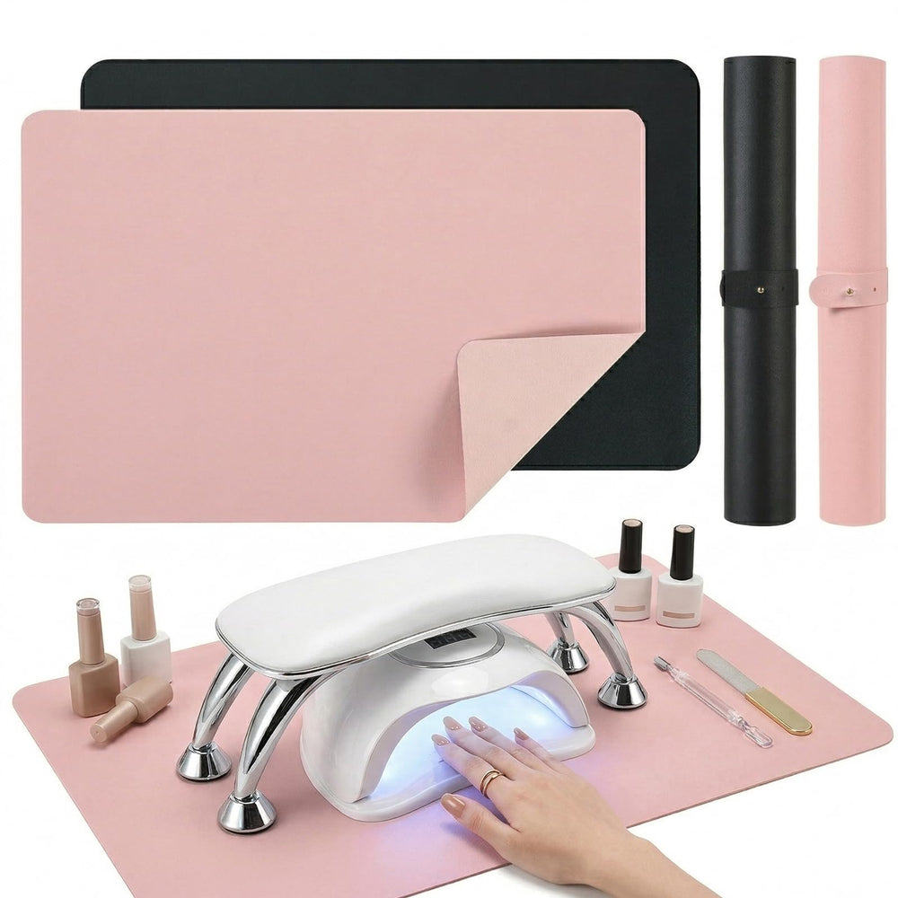 Chiplesier front view of both pink and black mats showing included strap and clean edges, protects surfaces