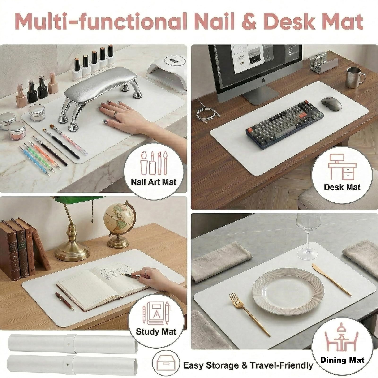 Chiplesier lifestyle salon table with mat providing tidy, professional surface