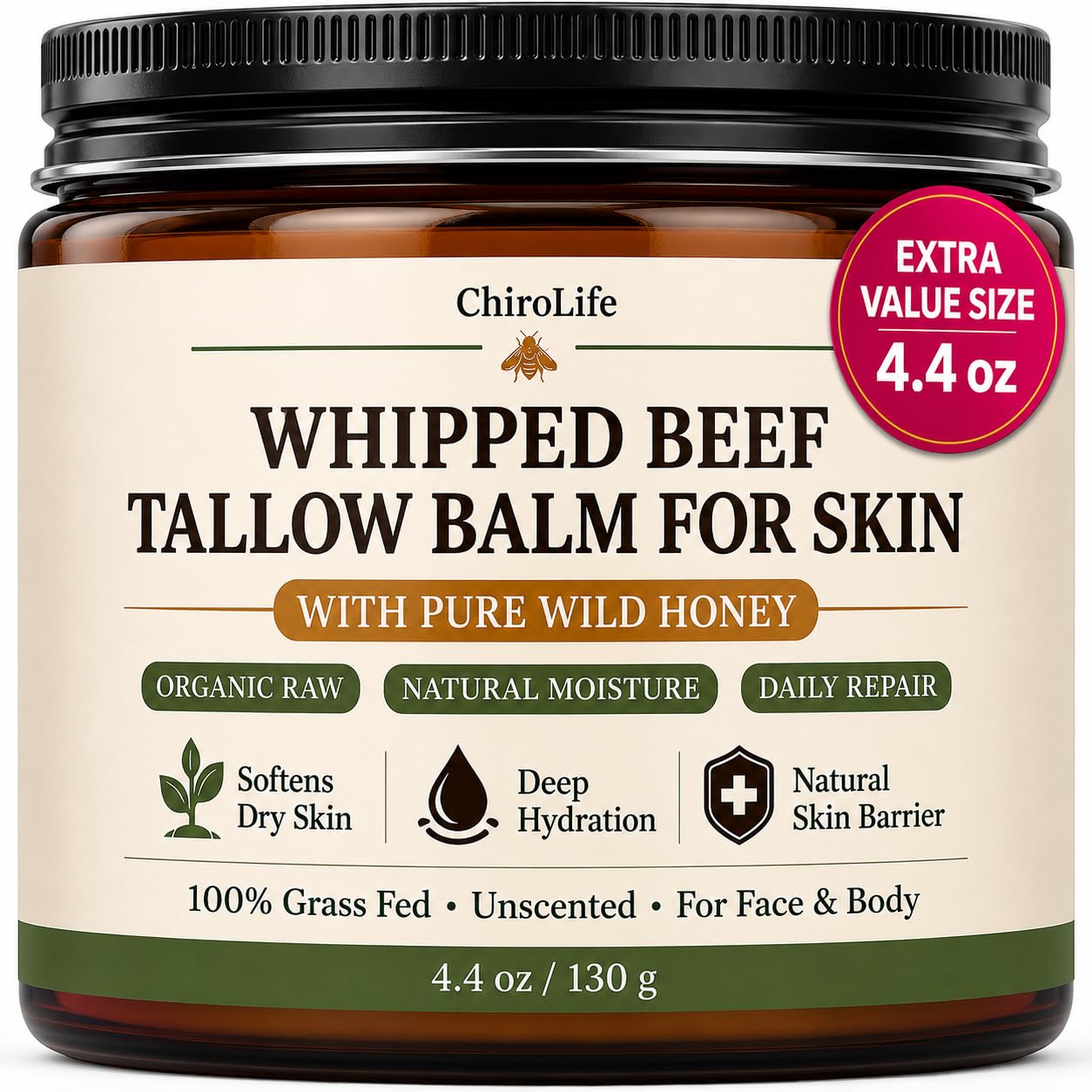 ChiroLife jar front view showing grass-fed tallow balm for clean hydration