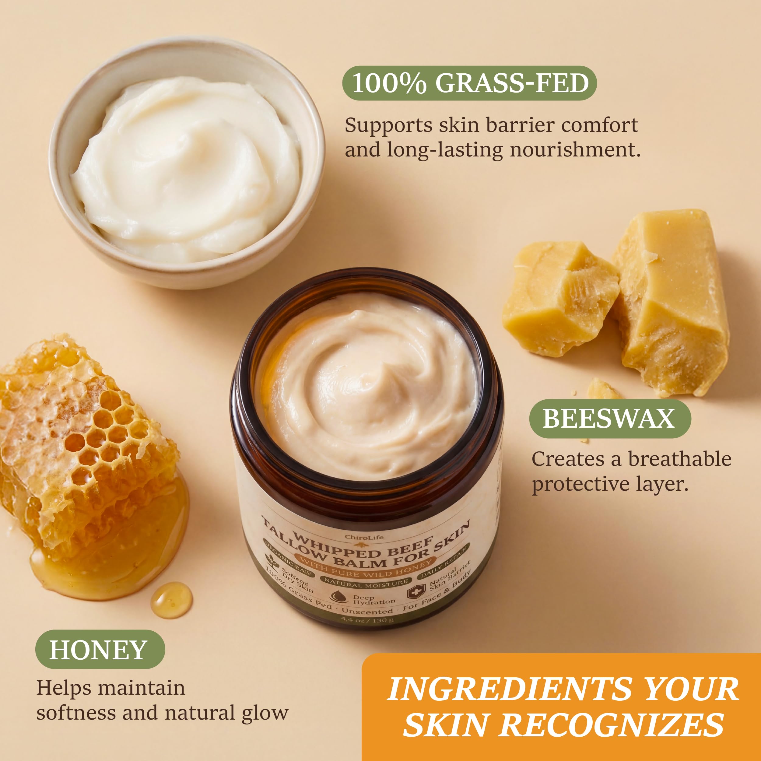ChiroLife whipped tallow texture close-up illustrating quick absorption