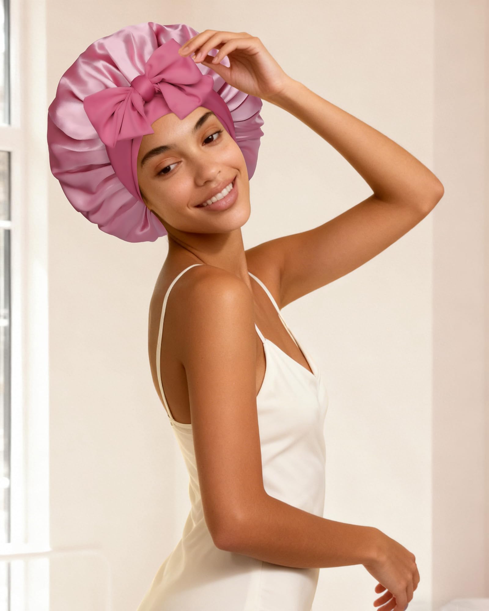 CHLINS bonnet worn in bed demonstrating style preservation while sleeping