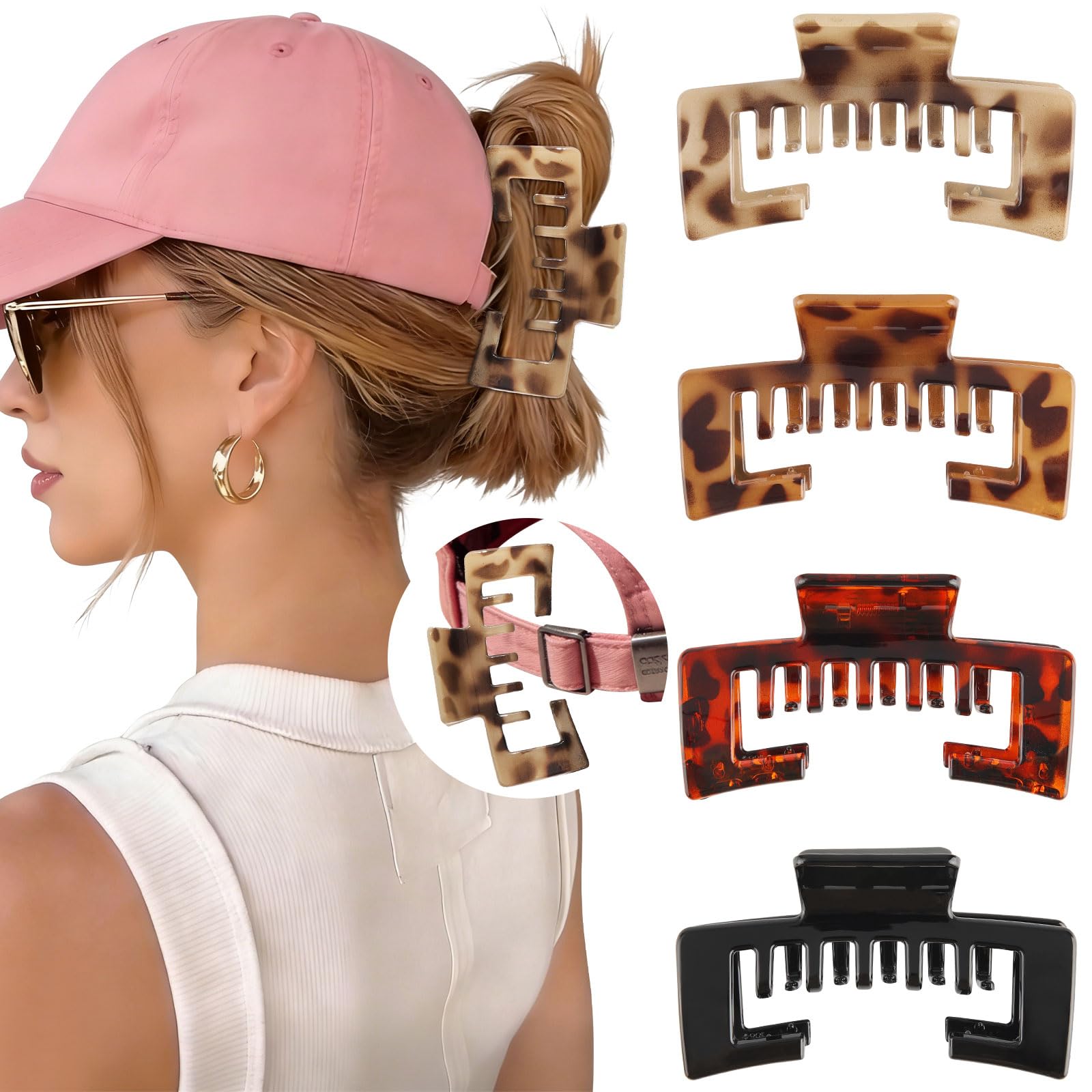 CHLINS front view of four hat-friendly claw clips showing compact set and colors benefits convenience