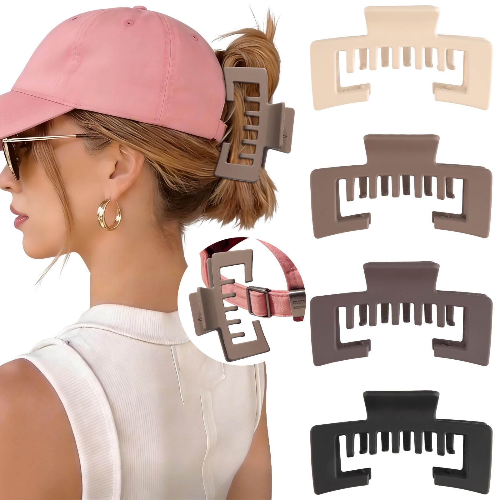 CHLINS front view of four hat-friendly claw clips showing design and colors for styling