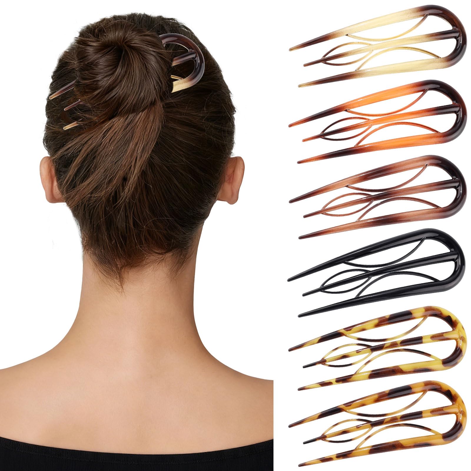 CHLINS front view of six hair forks showing colors and polished hold