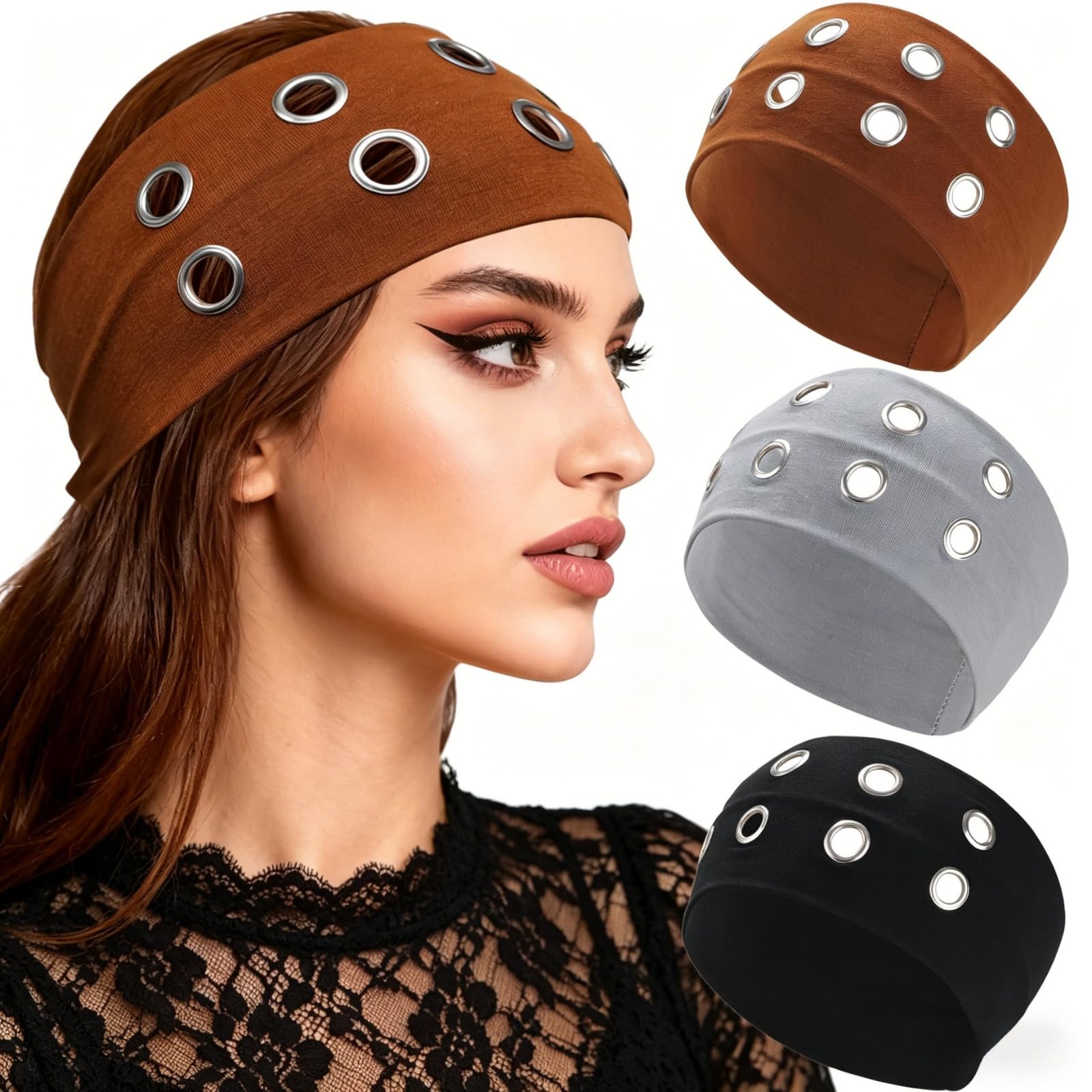 CHLINS front view of three wide headbands showing punk eyelet design and bold look