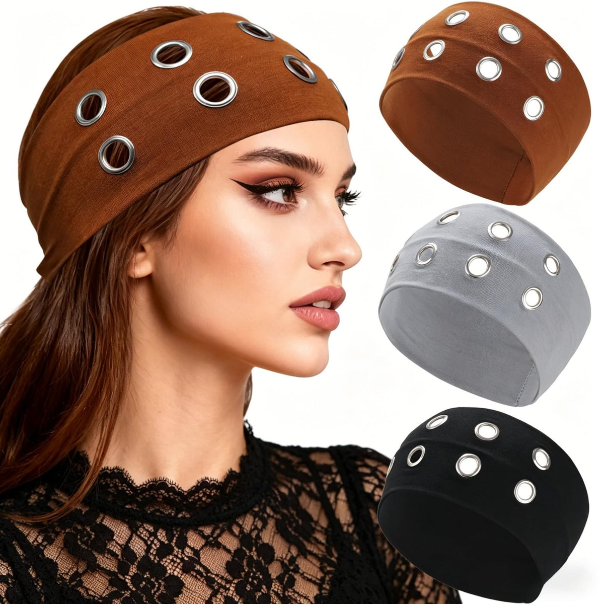 CHLINS front view of three wide headbands showing punk eyelet design and bold look