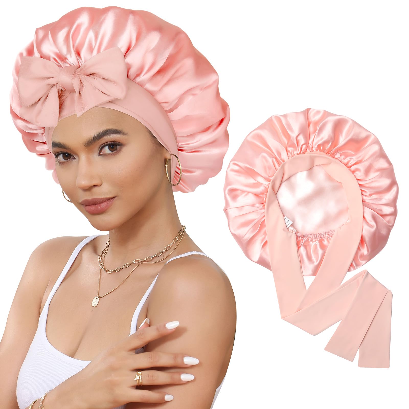 CHLINS satin bonnet front view showing smooth fabric and fit benefit