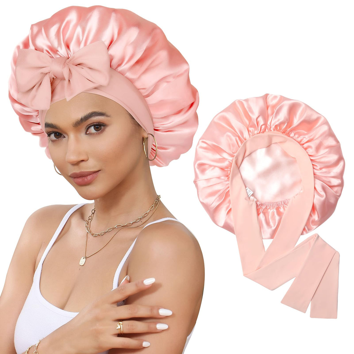 CHLINS satin bonnet front view showing smooth fabric and fit benefit