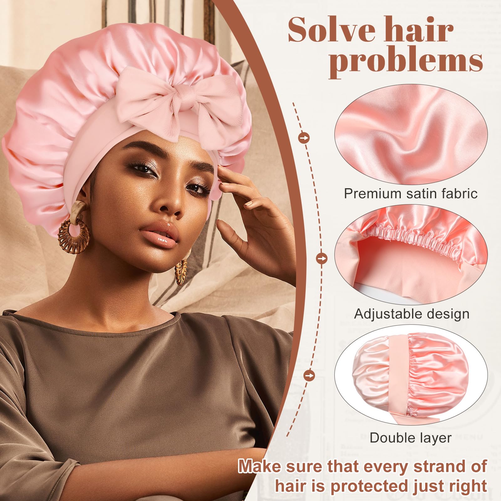 CHLINS bonnet worn by model with curly hair showing frizz control benefit