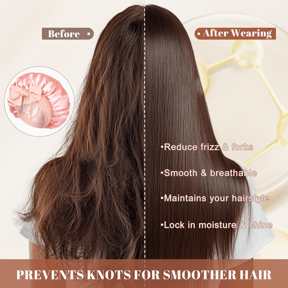 CHLINS bonnet next to hand showing roomy scale for long hair benefit