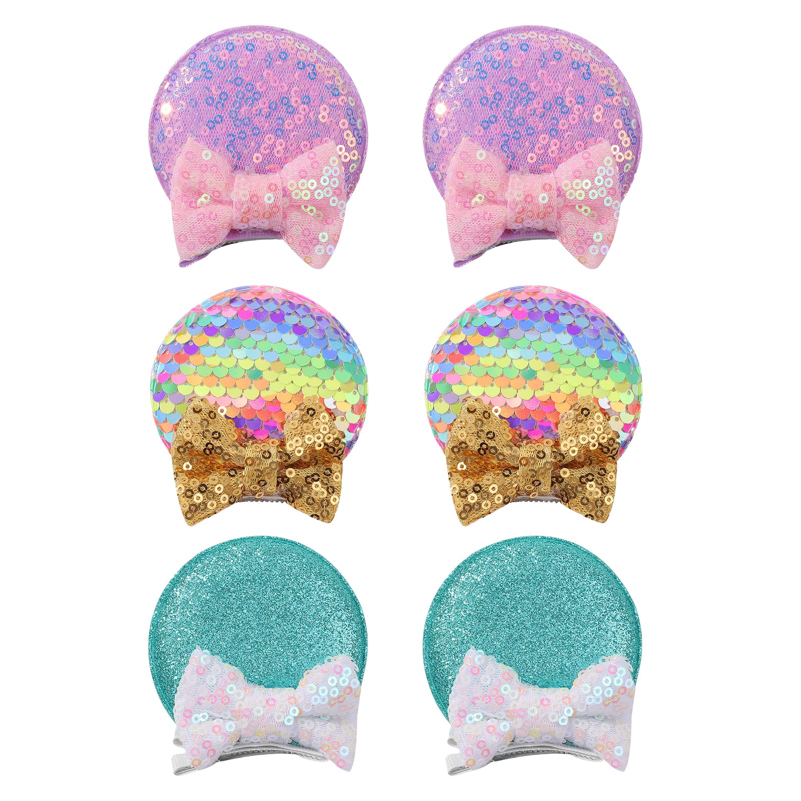 choicbaby front view of six round ears bows showing colors and packaging, easy outfit matching