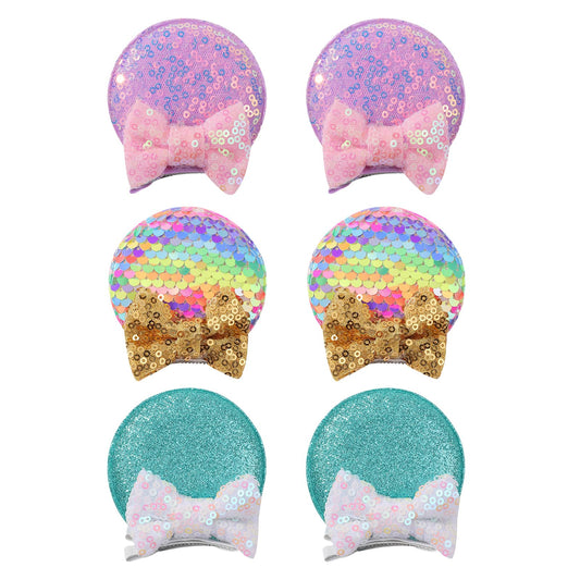 choicbaby front view of six round ears bows showing colors and packaging, easy outfit matching