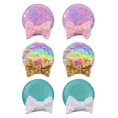 choicbaby front view of six round ears bows showing colors and packaging, easy outfit matching
