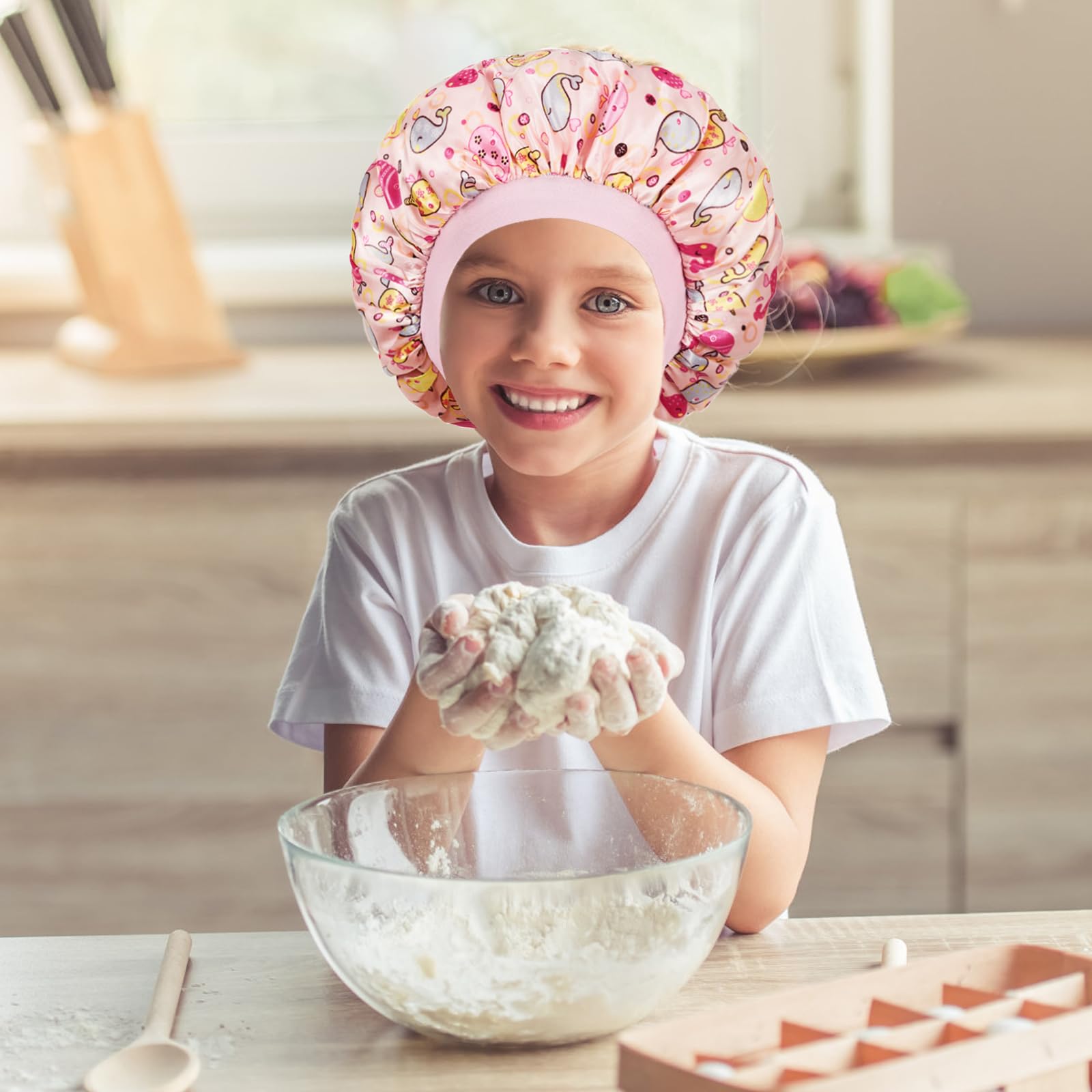 choshion child wearing bonnet while reading, protecting curls overnight