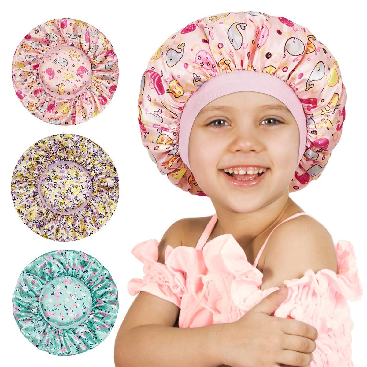 choshion bonnet front view showing three colorful patterns and neat stitching