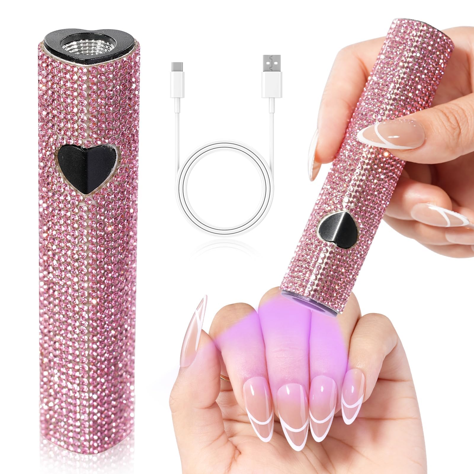 CHRISTINE SHELLY front view of pink handheld UV lamp showing compact design and quick curing