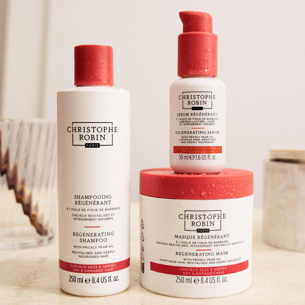 Christophe Robin jar on bathroom shelf in lifestyle setup showing salon-quality treatment benefit
