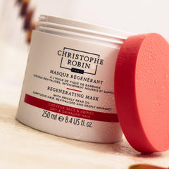 Christophe Robin jar beside measuring scale showing 8.4 fl oz size and home use benefit