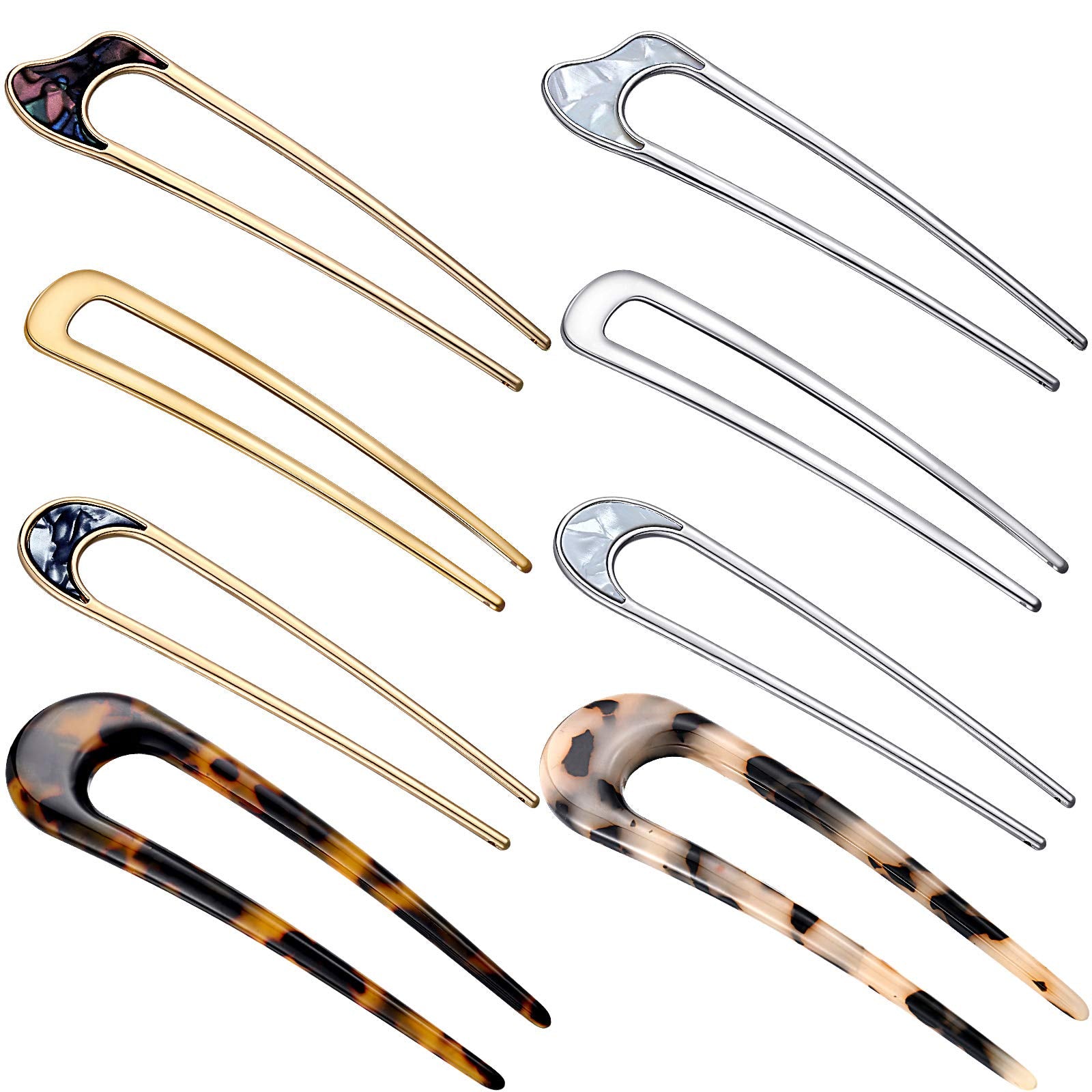 Chuangdi front view of eight U-shaped hair pins showing styles and quantity, versatile use