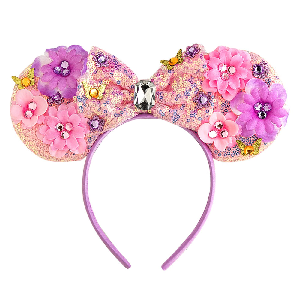 CHuangQi front view of sequin mouse ears headband showing shiny bow and full design for party-ready looks