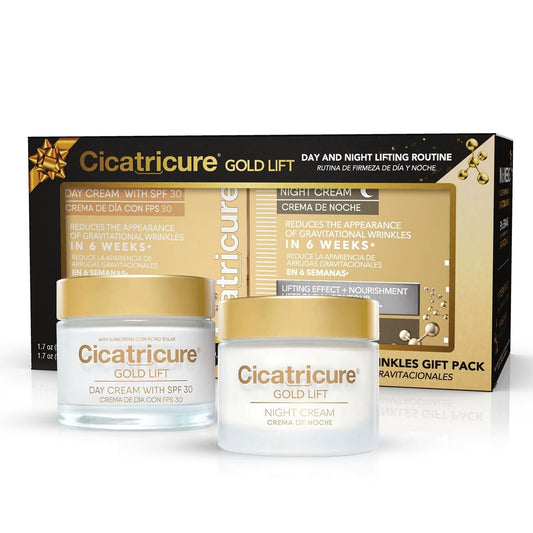 Cicatricure gold lift front packaging showing gift set and product benefits