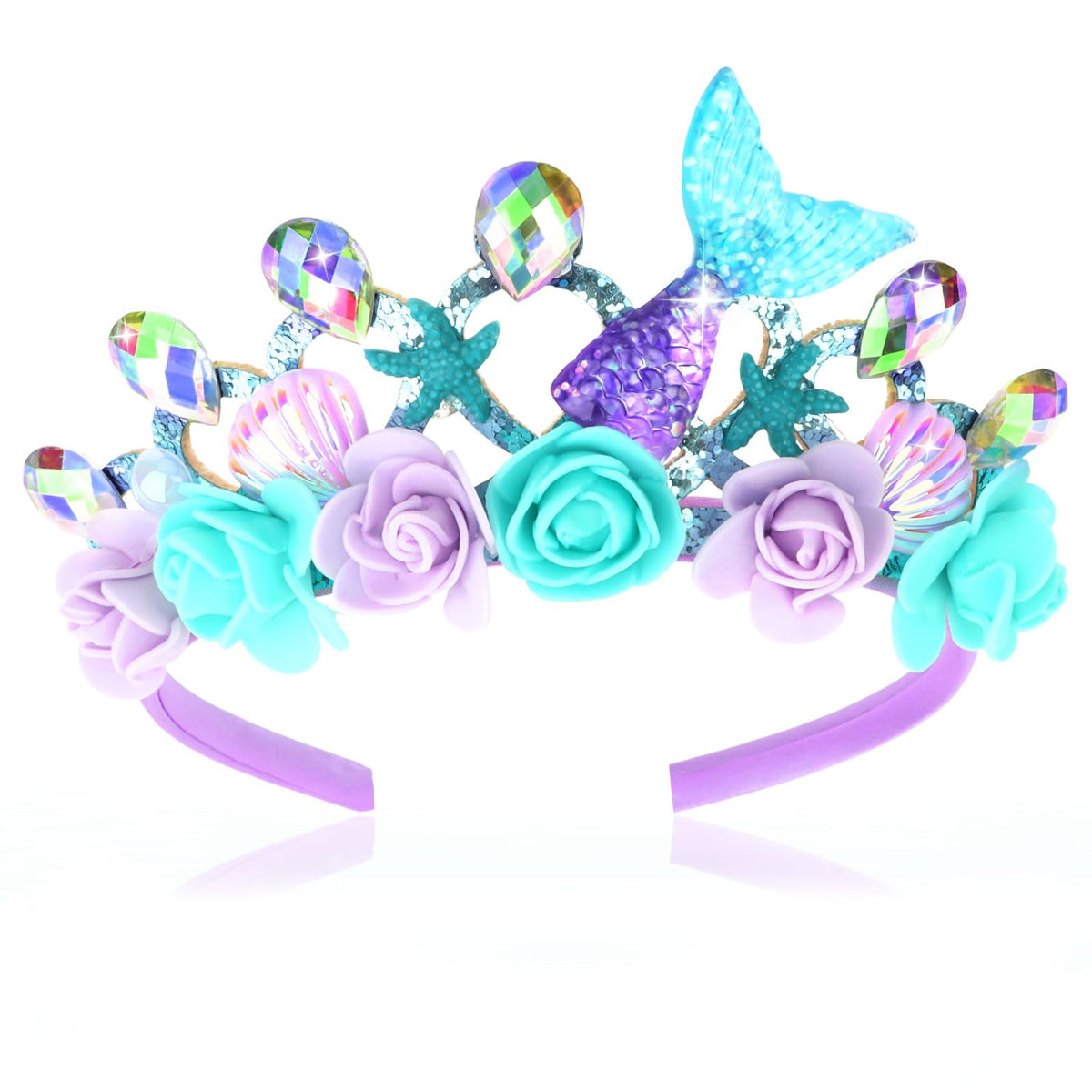 CIEHER mermaid crown front view showing glitter and shell design, adds sparkle