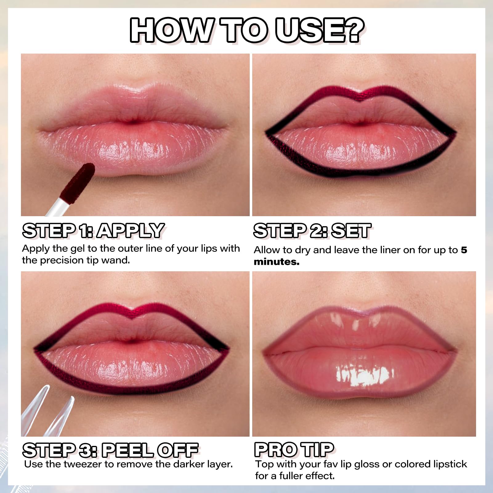 Cilrofelr lips before and after application demonstrating defined, even tint
