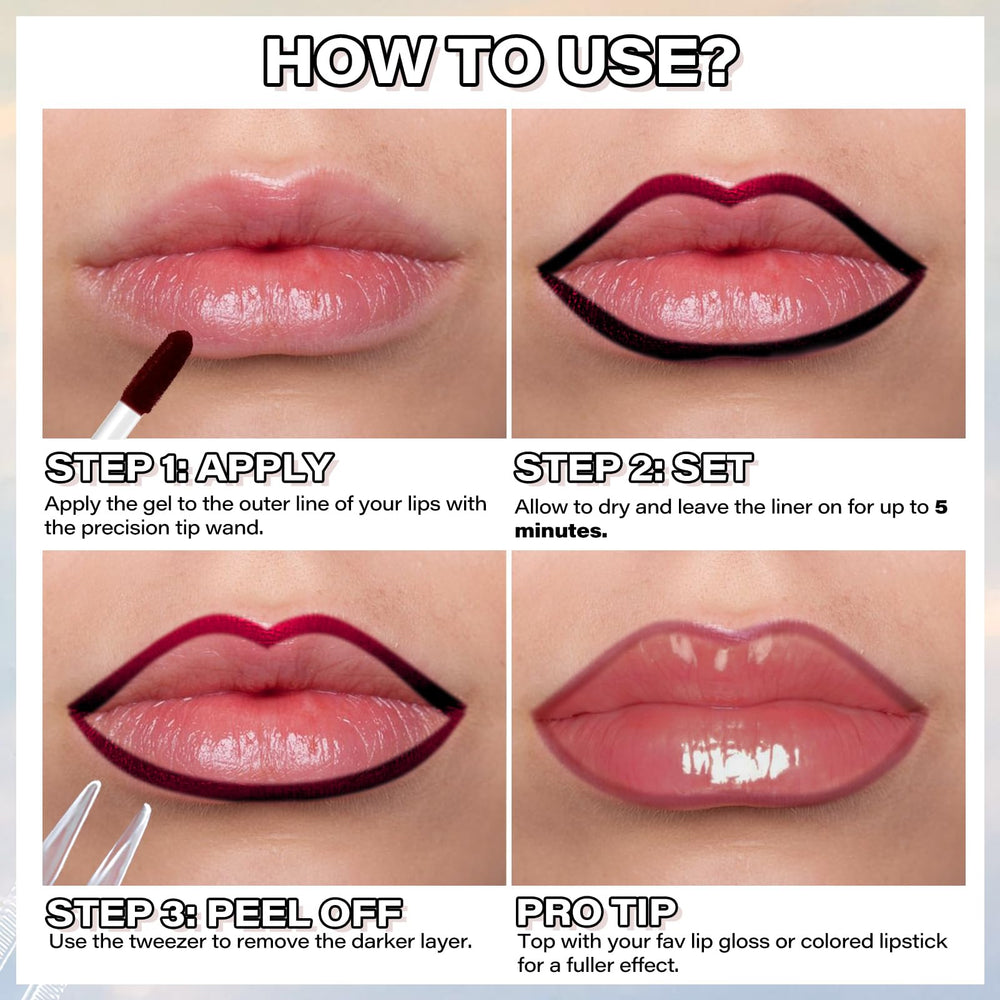 Cilrofelr lips before and after application demonstrating defined, even tint