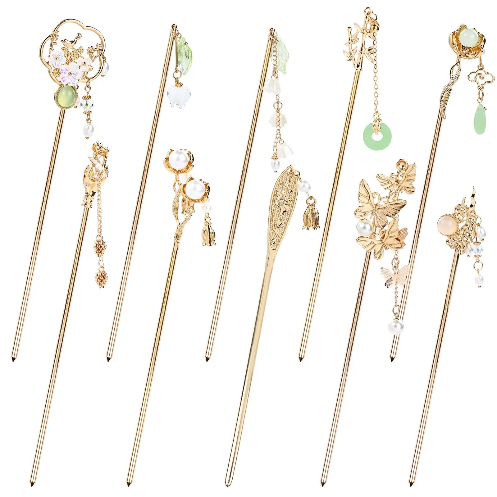 Cinaci front view of ten gold hair sticks showing elegant set and packaging benefit: complete accessory kit