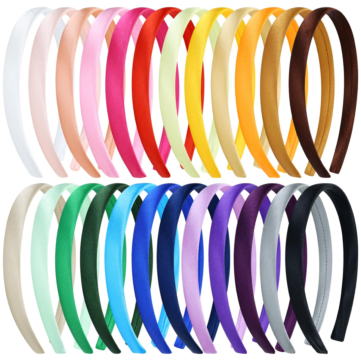 Cinaci front view of 24 headbands showing bright colors and neat satin finish for easy styling
