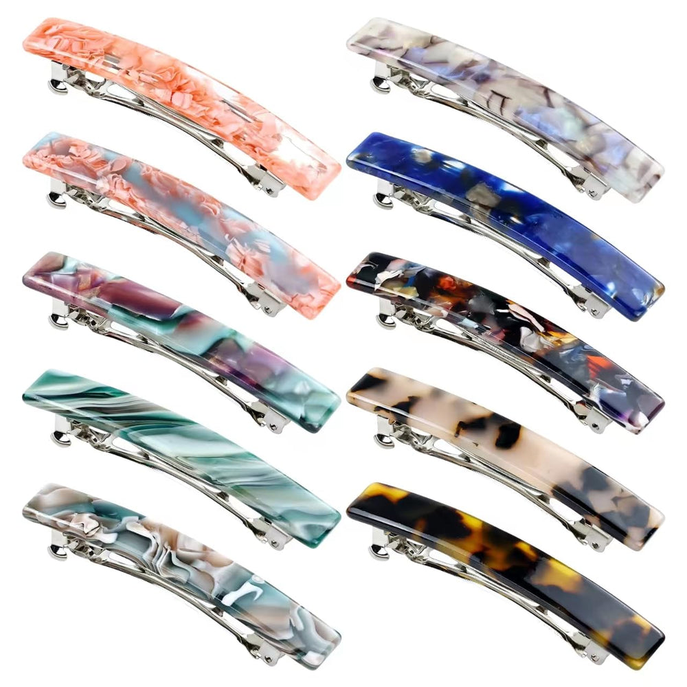 Cinaci front packaging showing ten colorful acetate barrettes for organized styling