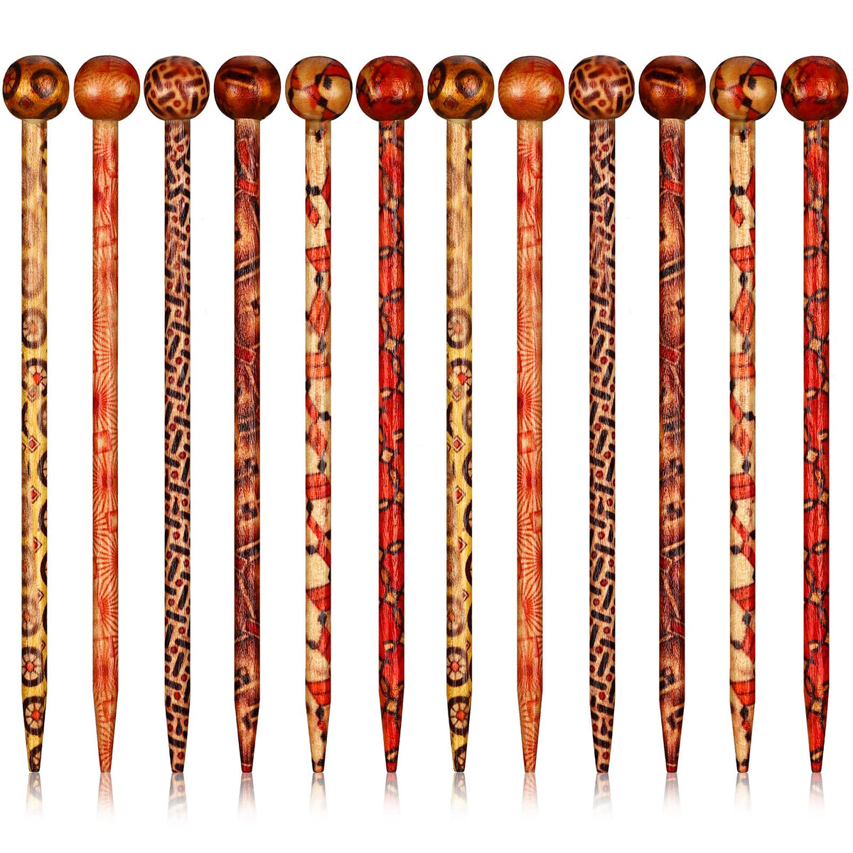 Cindeer front view of 12-piece wooden hair sticks showing styles and compact packaging benefit
